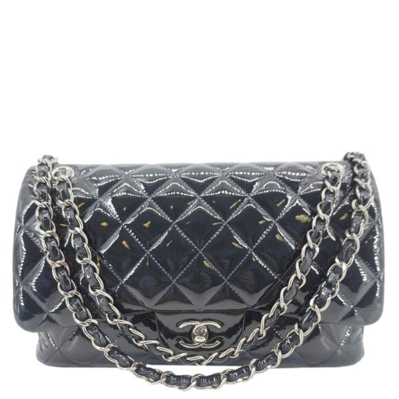 Chanel Classic Double Flap Quilted Patent Leather Shoulder Bag Navy Blue - Picture 1 of 16
